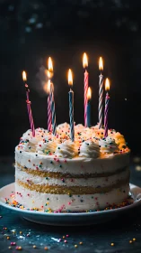 Birthday cake with lit candles against dark background