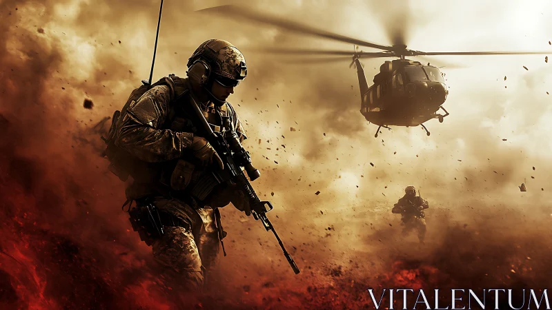 Combat troops advancing under helicopter in fiery battlefield.