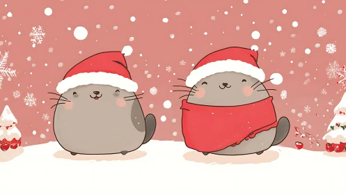 Festive Round Cats in Santa Hats Amid Snowfall.