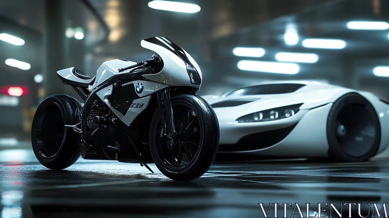 Futuristic BMW concept motorcycle and car in garage.