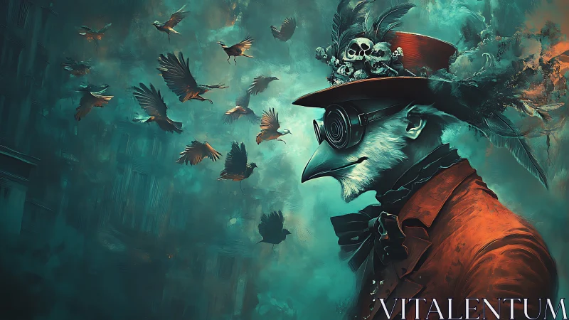 Bird-masked figure in red coat watches dark flock in mist