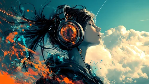 Girl in headphones drifts into vivid sky of sound and color.