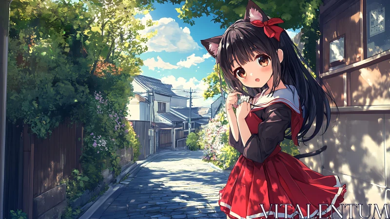 Cat-eared schoolgirl wandering a sunlit anime side street.