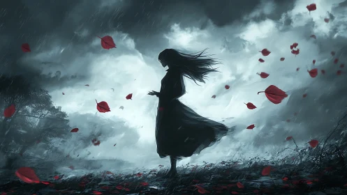 Silhouetted figure in stormy grayscale field with red leaf motion dynamics