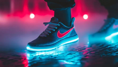 Neon-lit athletic sneaker in cinematic cyberpunk street scene.