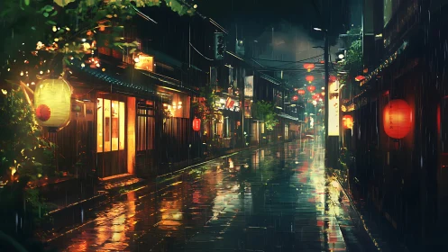 Rain-soaked lantern street renders cinematic nocturne mood