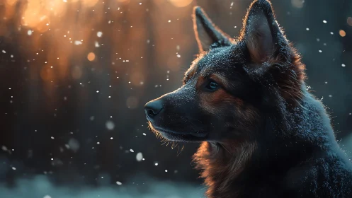 German shepherd profile in snowfall at dusk outdoors.