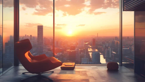 Sunlit penthouse lounge overlooks a glowing modern skyline