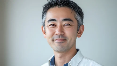 Smiling middle aged man against soft neutral background.