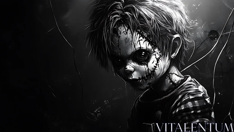 Stitched doll-like child in stark monochrome horror scene.