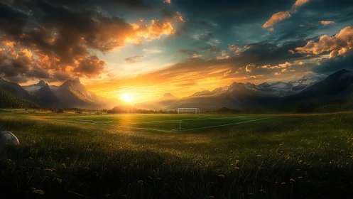 Golden mountain sunset over a quiet country football field.