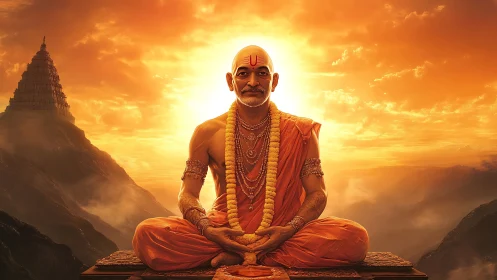 Digital painting of meditative guru in radiant sunset symmetry.