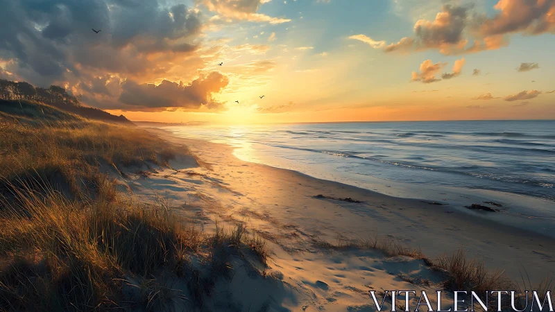 Sunset tides quietly polish the wind-brushed dune shoreline