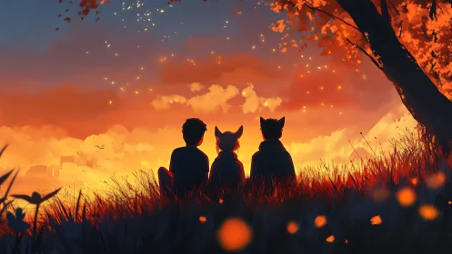 Three Silhouettes Watching Golden Sunset Landscape.