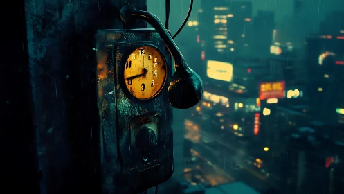 Rusty retro phone glows over neon rain cityscape at night.