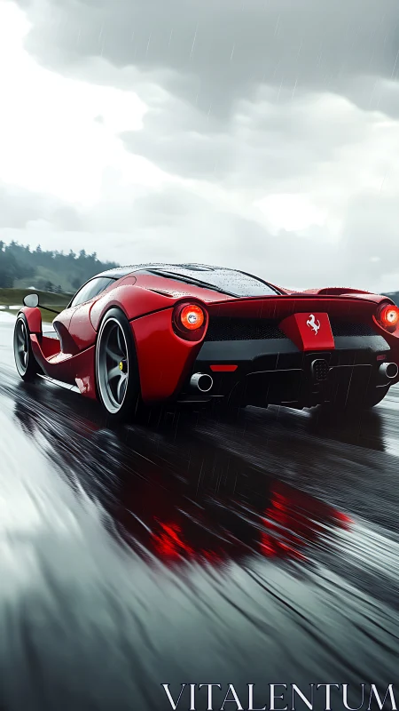 Red supercar powers through rainy track with cinematic drama