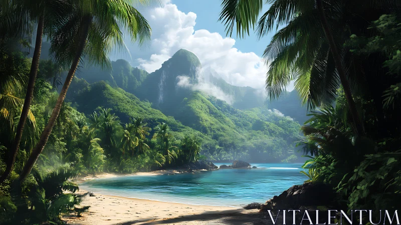 Tropical Valley Sanctuary: Layered Mountain Landscape with Pristine Beach Cove.