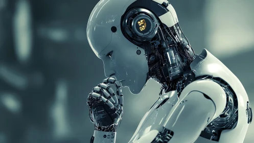 Contemplative humanoid robot in reflective side profile study.