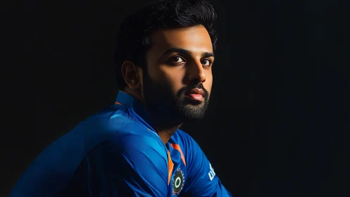 Confident young cricketer gazes ahead in bold blue jersey