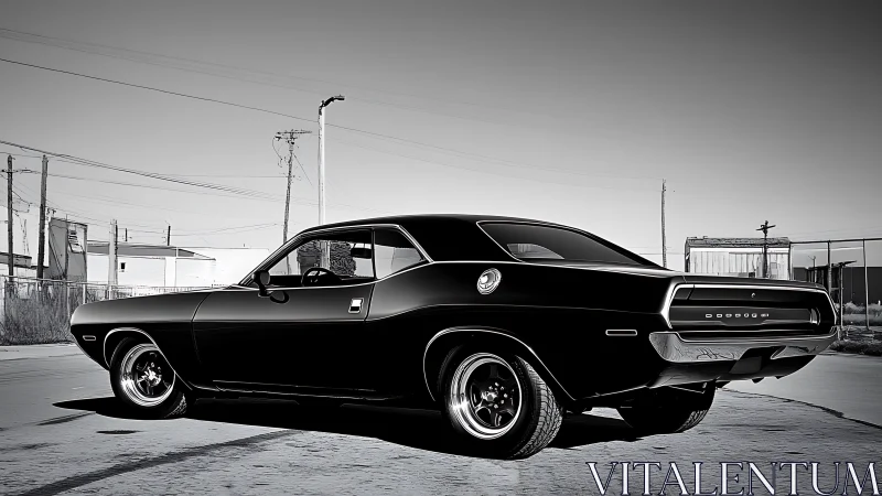 Midnight muscle car brooding in a deserted industrial lot.
