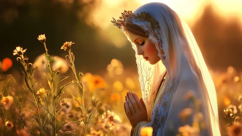 Woman in veil praying in flower field at warm sunset light