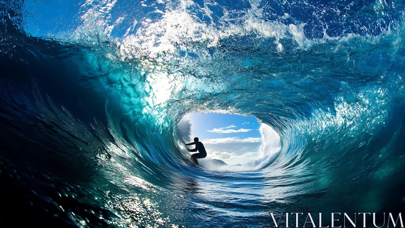 Riding the sapphire tunnel of a sunlit curling wave.