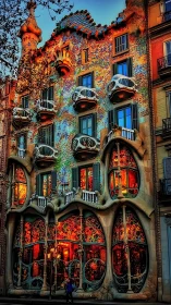 Sunlit mosaic façade glows with whimsical organic balconies