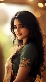 Soft-eyed muse in silk saree glows in evening bokeh light.