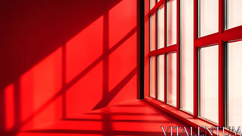 Rectangular window grid casts sharp shadows on red wall