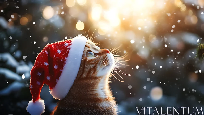 Cat Wearing Santa Hat in Snowy Scene