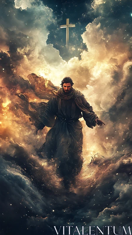 Messianic figure strides through celestial storm clouds.