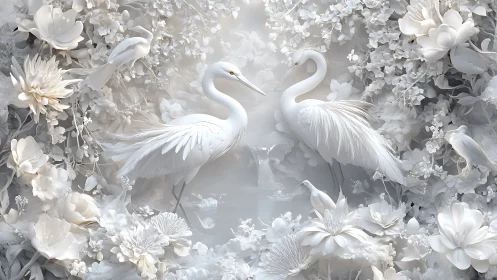 Graceful white cranes in a dreamy blossom-filled sanctuary.