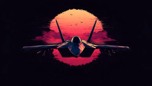 Jet slicing through neon sunset skies in bold color storm.