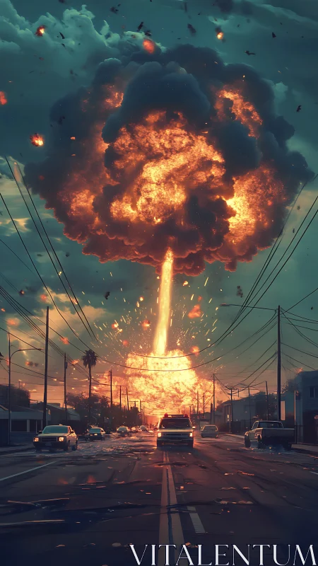 Fiery sky eruption over a quiet suburban street at dusk.