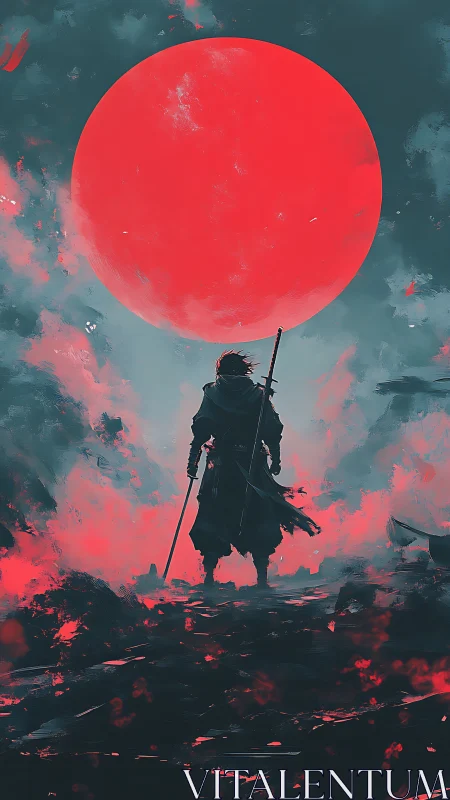 Solitary sword figure under large red moon on horizon.