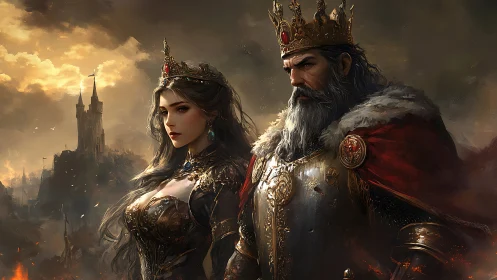 Royal warrior couple rule stormlit medieval kingdom.