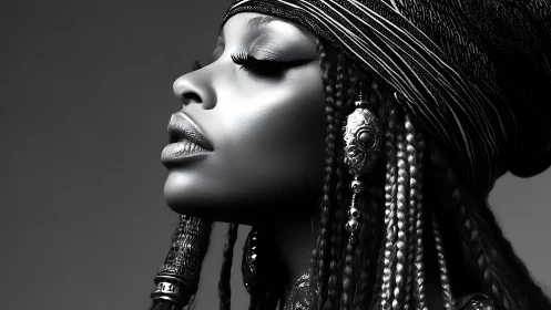 Elegant Black and White Portrait of Woman with Braided Hair and Headwrap.