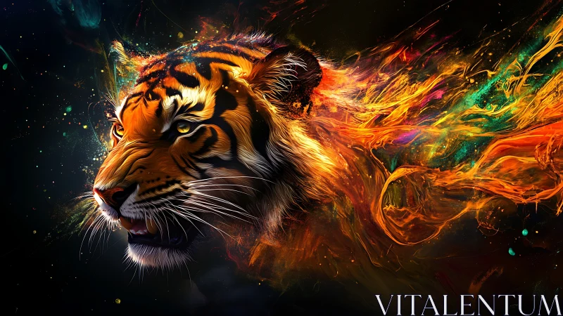 Cosmic Ember Tiger Roars Through Neon Starlit Darkness.