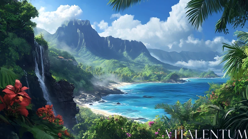 Tropical Paradise Valley Waterfall Coastal Landscape Digital Rendering.