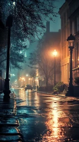 Rainy city street at night with lamplight reflections.
