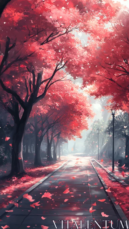 Sunlit park path runs under vivid red autumn canopy