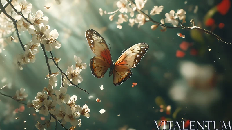 Butterfly drifting through glowing blossom branches in spring.