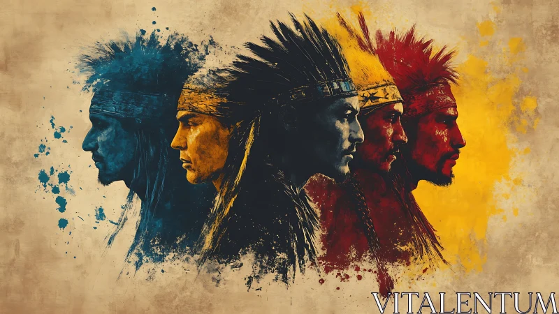 Four warrior profiles in bold blue, red, and yellow paint.
