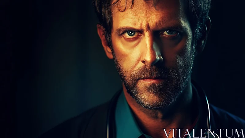 Male medical professional portrait in dramatic lighting.