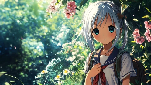 Anime schoolgirl stands in sunlit garden surrounded by flowers
