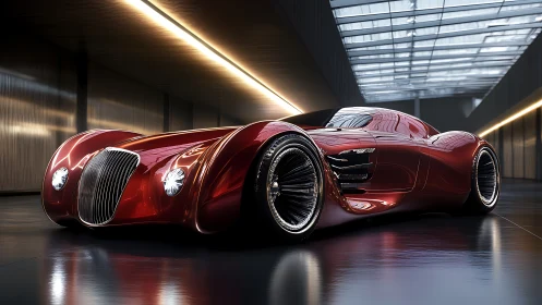 Crimson retro-futurist supercar basking in gallery light.