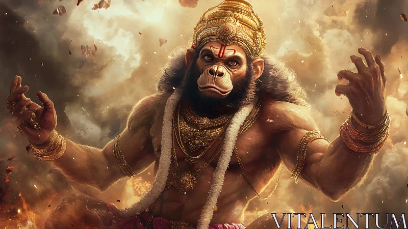 Digital painting of heroic Hanuman in dynamic cloudburst aura.