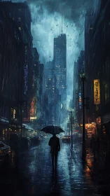 Solitary figure with umbrella in dense rainy city street.