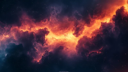 Luminous orange nebular cloud band in dark outer space.