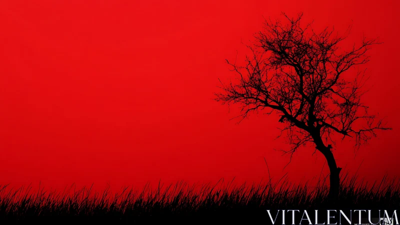 Lone Silhouette Tree Against Striking Red Sunset Background.